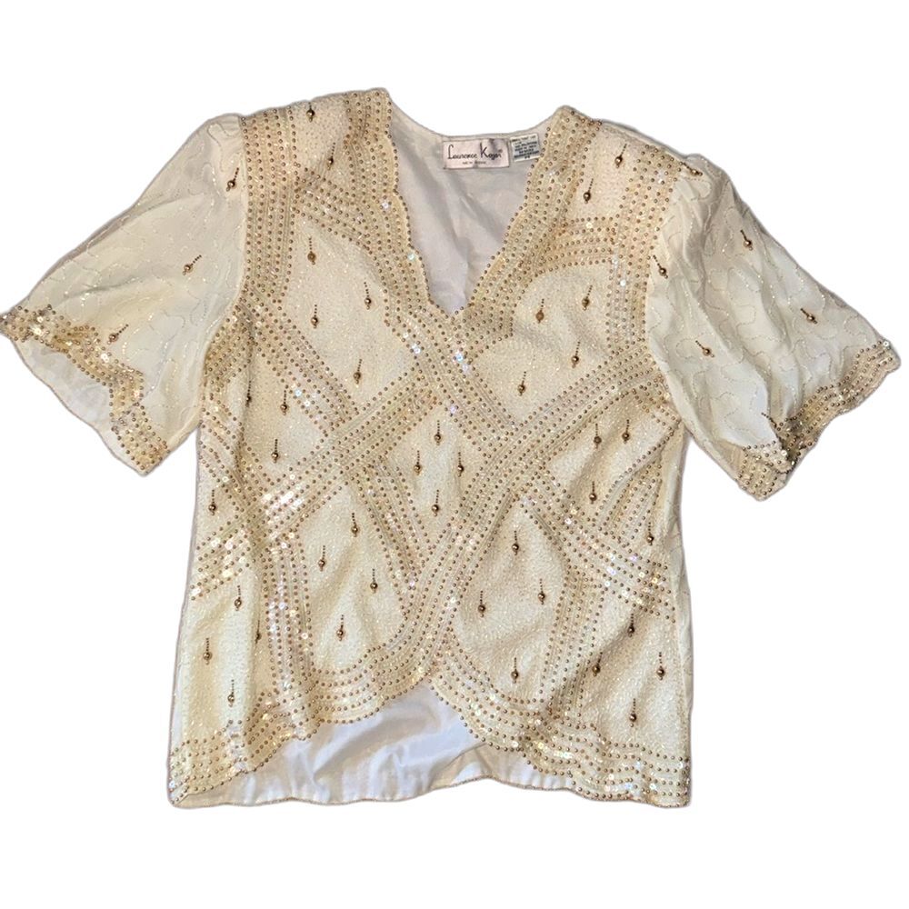 Vintage Laurence Kazar Cream Gold Tassel Beaded Sequin Metallic Glam Blouse top